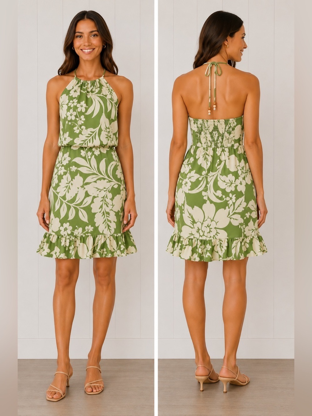 Floral Halter Mini Dress | Resort Tropical Smocked Back | Green Cream | Size M
